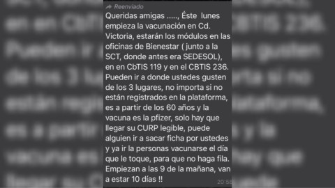 Anuncian vacunación para Victoria a partir del próximo lunes 