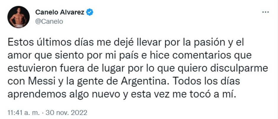 Canelo pide perdón a Messi y Argentina por amenaza