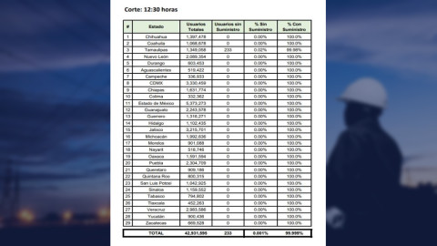 Se restablece casi en su totalidad servicio de energía eléctrica; sólo 233 personas de Tamaulipas siguen sin luz: CFE