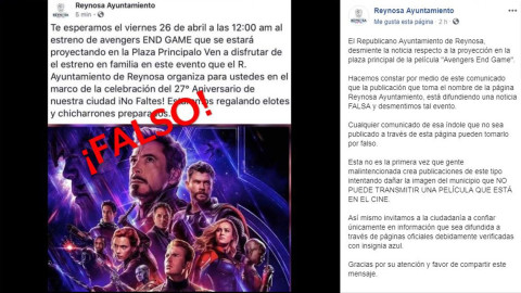 Desmiente Ayuntamiento proyección de "Avengers End Game"